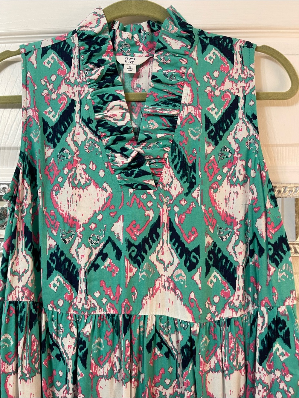 Sleeveless Teal Ikat Tiered Dress Crown & Ivy - Picture 2 of 4